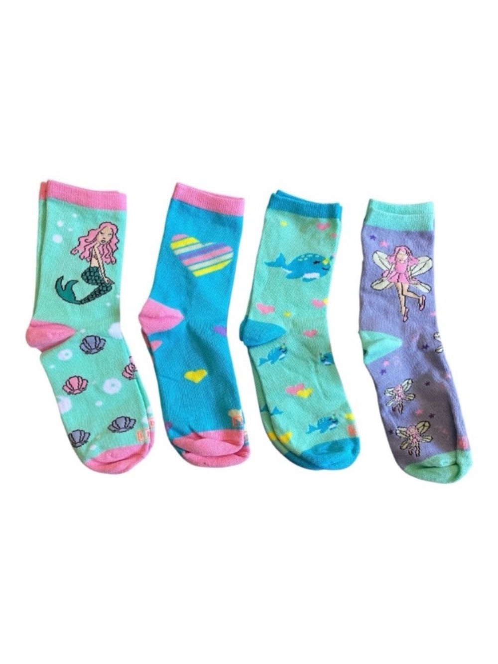 Kids 4-Pack Mermaid & Fairy Crew Socks - Pink, Teal, Blue, Purple